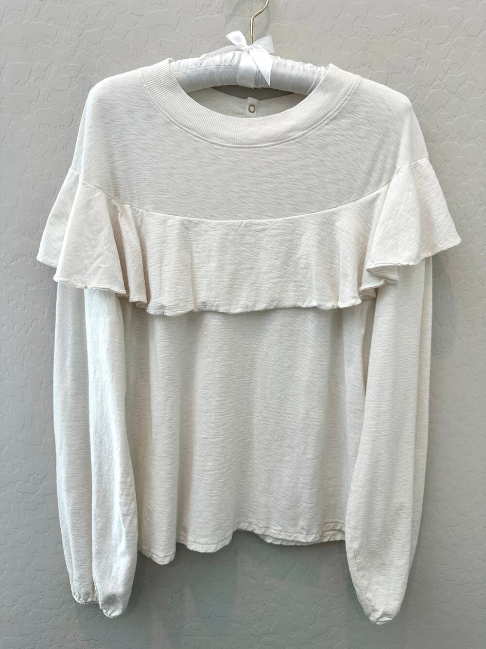 NATION LTD Pima Cotton Ruffle Ivory Cream Balloon Sleeve Top Made in Peru Large